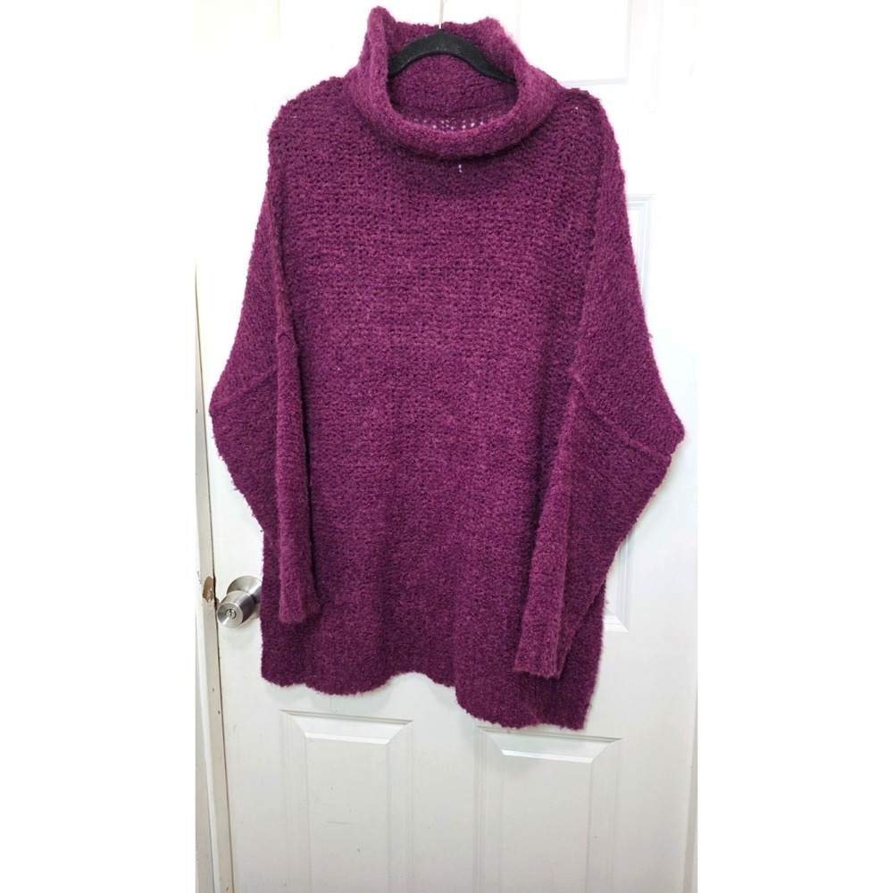 Free People Oversized Alpaca Blend Roll Turtleneck Open Knit Sweater Plum SZ L - Picture 2 of 8